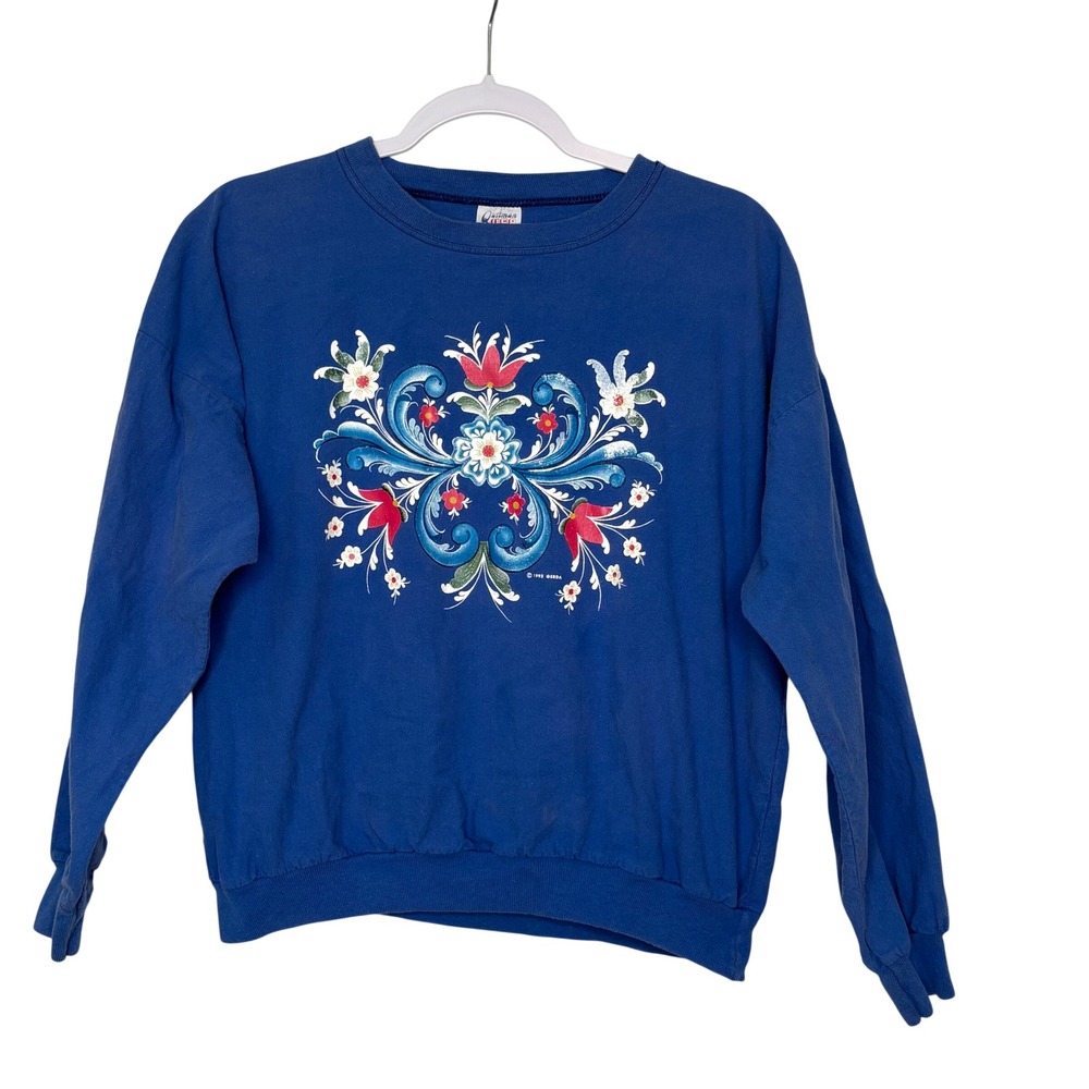Vtg 90s Quitman USA Gerda Lee Floral Sweatshirt S Blue Cottagecore Grandmacore